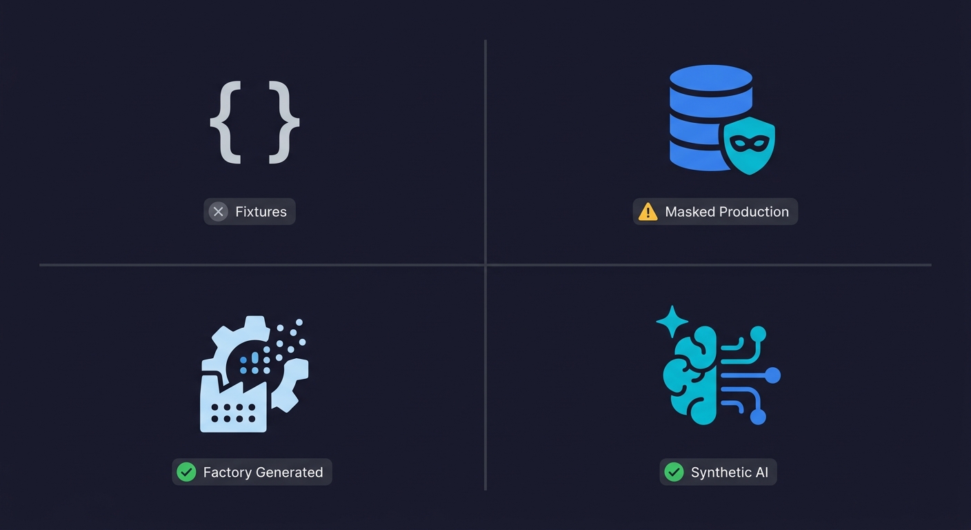 Comparison of four test data generation approaches: fixtures, masked production, factory generated, and synthetic AI with compliance safety indicators