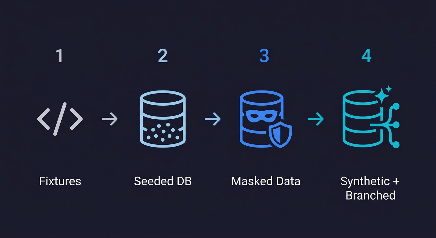 Four stages of test data maturity: from hardcoded fixtures through seeded databases and masked production data to automated synthetic and branched data