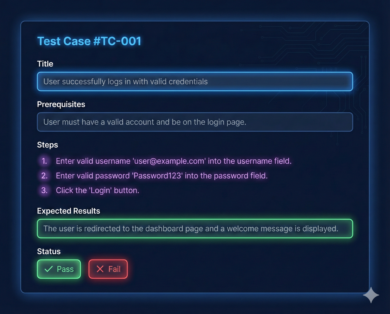 Test case template example with annotations pointing to key sections: Title, Prerequisites, Steps, Expected Results, Actual Results