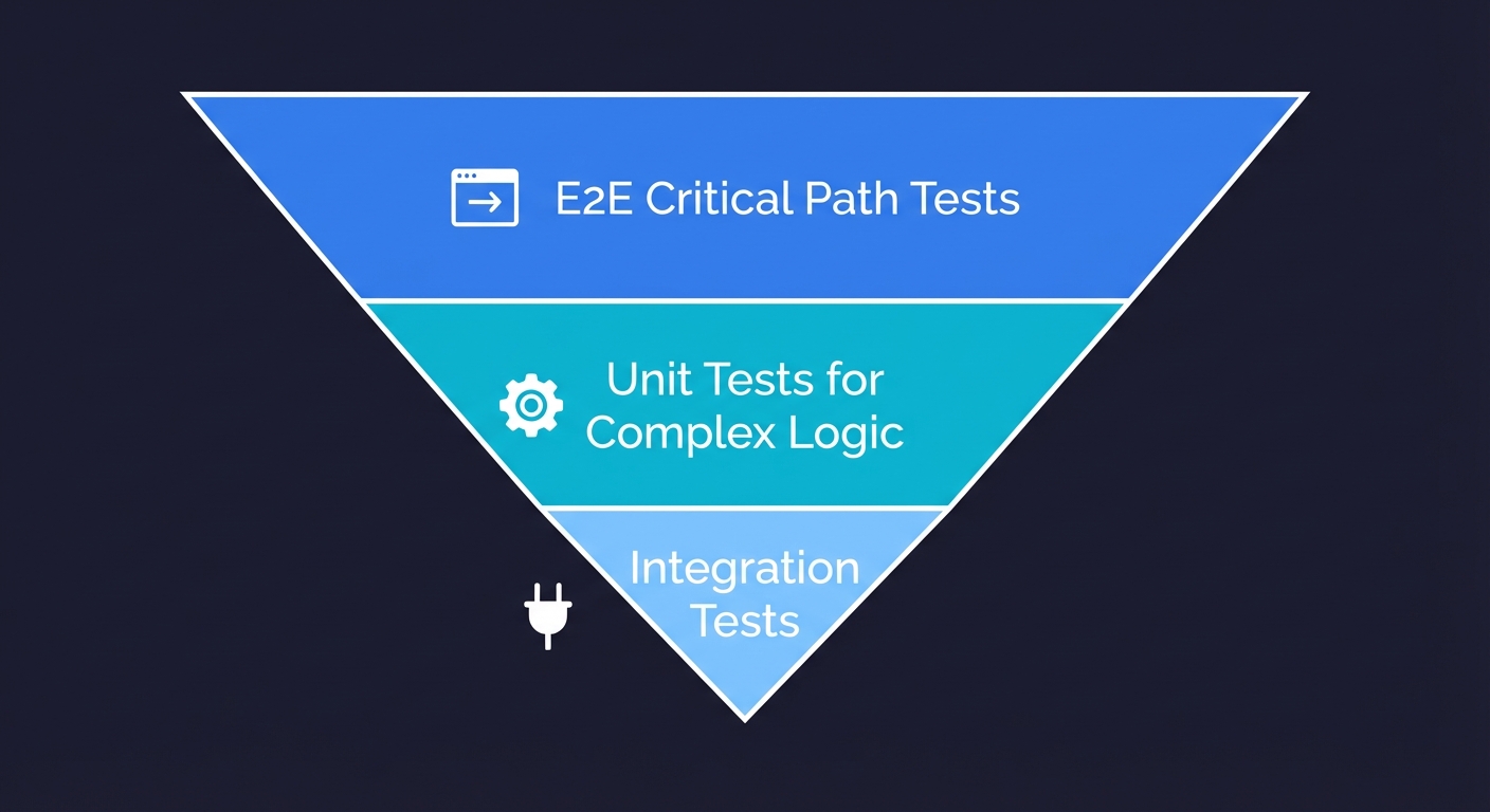 Inverted testing pyramid for lean teams: E2E tests at the base, unit tests for complex logic in the middle, integration tests at the top