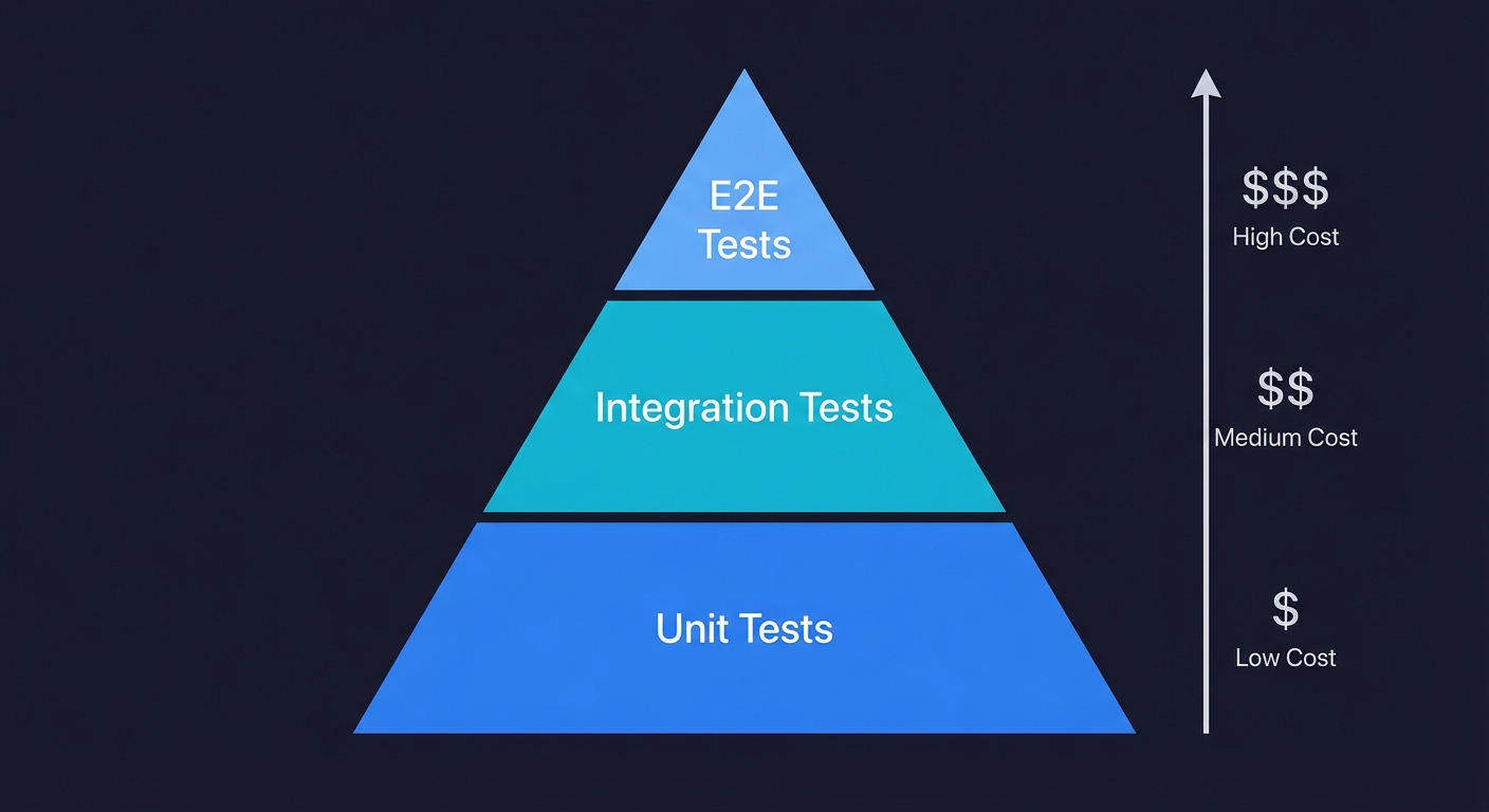 Traditional testing pyramid with unit tests at the base, integration tests in the middle, and E2E tests at the top