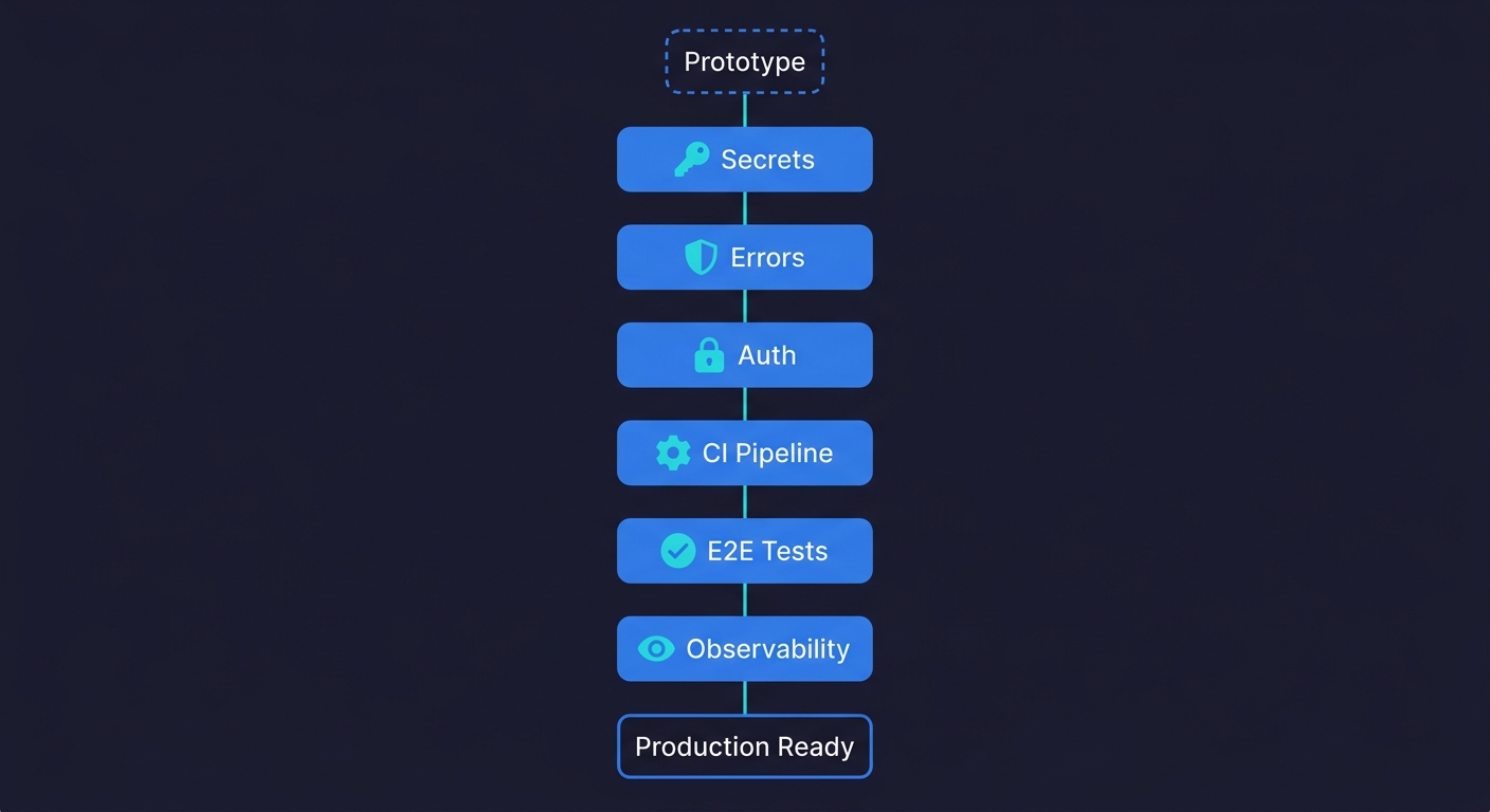 Six-step roadmap from prototype to production-ready: Secrets, Errors, Auth, CI Pipeline, E2E Tests, and Observability