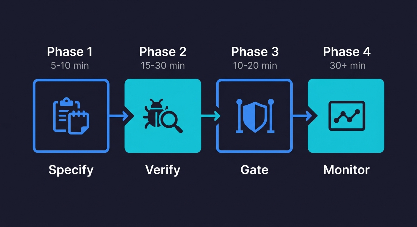 Four-phase testing pipeline for vibe coding: Specify before generation, Verify after generation, Gate before deployment, Monitor after deployment