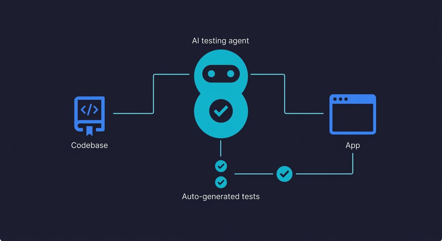 Diagram of an AI testing agent connected to a codebase on the left and a running app on the right, with auto-generated test checkmarks flowing below
