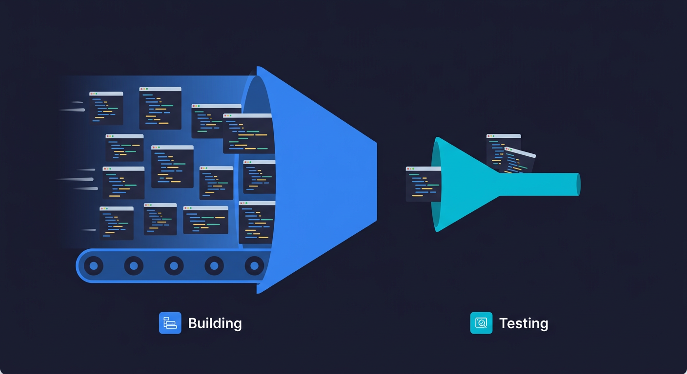 Diagram showing the asymmetry between software building and testing, a large fast conveyor belt of code on the left funneling into a tiny bottleneck for testing on the right