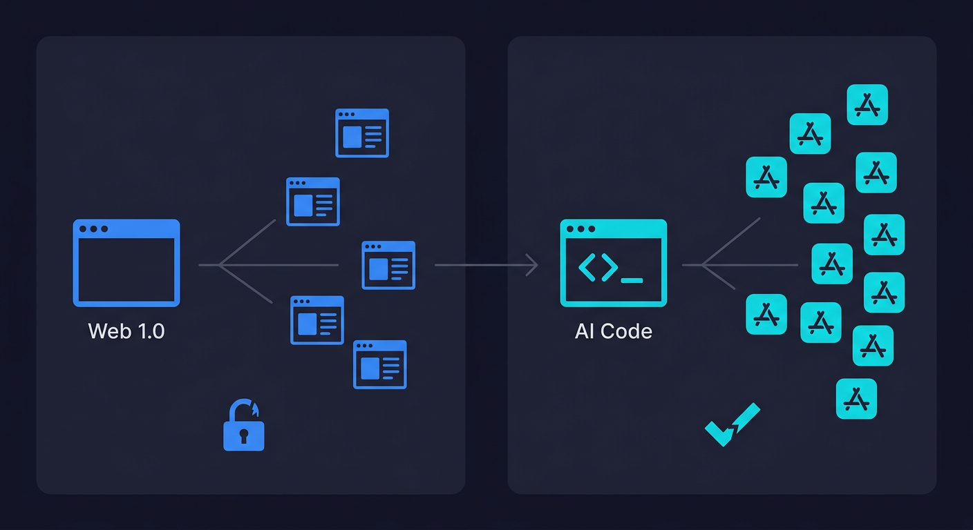 Side-by-side comparison of Web 1.0 era security gap and AI code era testing gap, showing the historical parallel between both technology waves