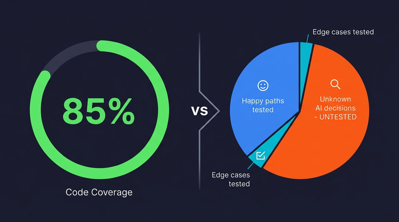 Diagram comparing 85% code coverage metric versus actual test quality, showing most coverage targets happy paths while AI decisions remain untested