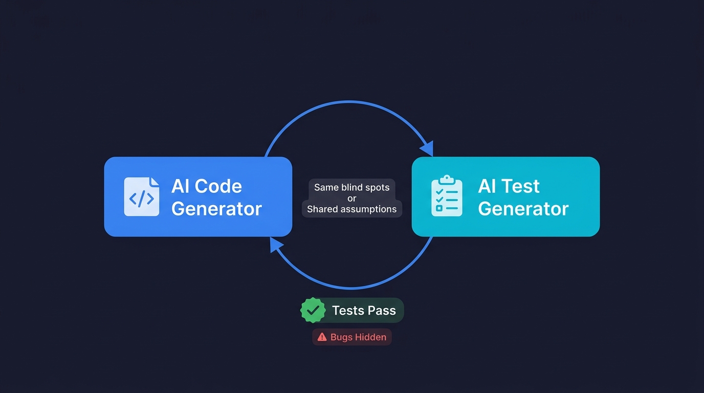 Diagram showing circular loop between AI code generator and AI test generator sharing the same blind spots, with tests passing while bugs remain hidden