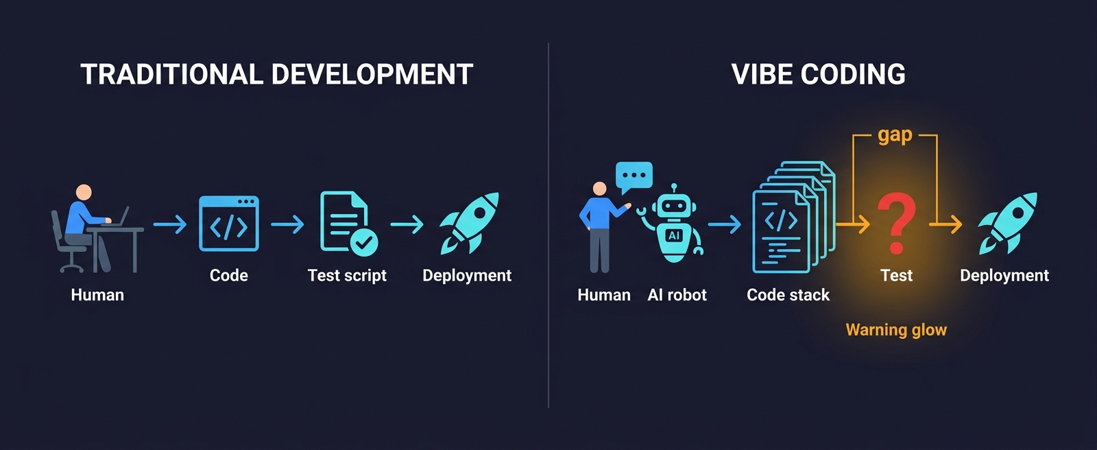 Vibe coding testing inversion: traditional human-designed testing flow vs AI-generated code with a testing void