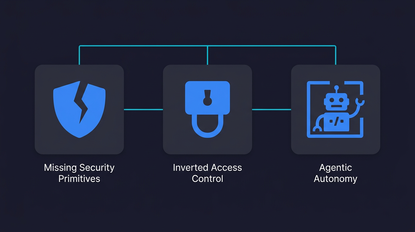 Diagram showing three categories of vibe coding failures: missing security primitives, inverted access control, and agentic autonomy without boundaries