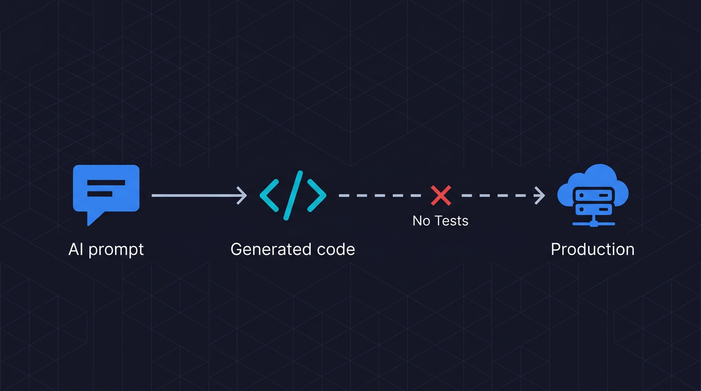Diagram showing the verification gap in vibe coding: AI prompt generates code that goes directly to production with no tests in between