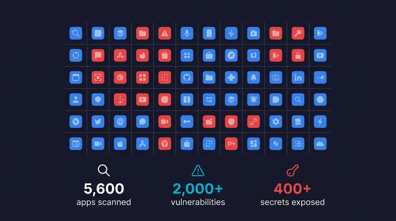 Infographic showing the scale of vibe coding vulnerabilities: 5,600 apps scanned, 2,000 plus vulnerabilities found, 400 plus secrets exposed