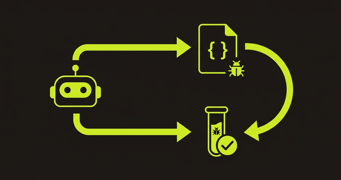 Diagram showing a single AI model producing both code with bugs and tests with the same bugs, connected in a circular loop where verification cannot catch shared failure modes