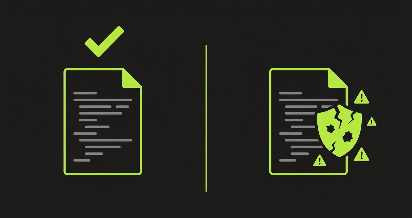 Comparison showing functional code passing checks on the left versus the same code with cracked security shield and vulnerability warnings on the right