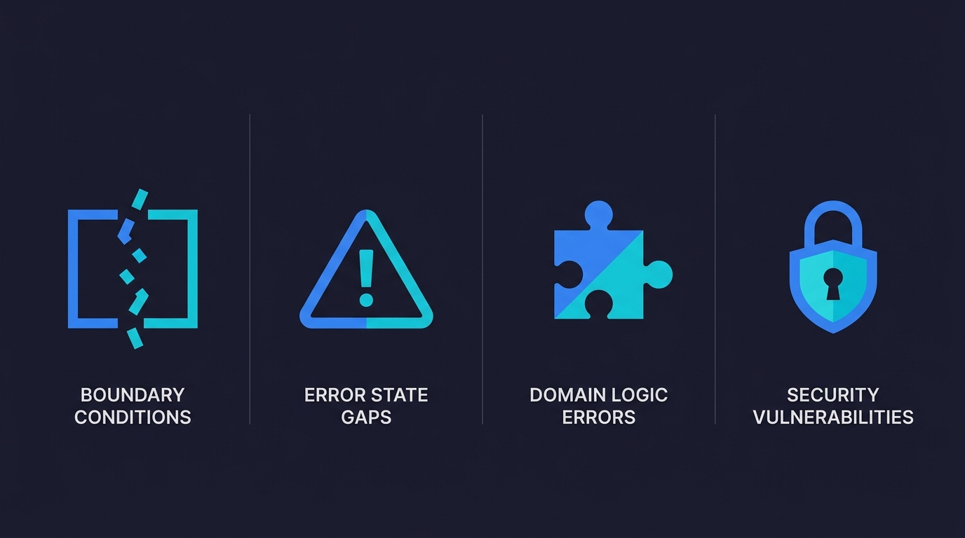 Four failure modes of AI-generated code: boundary conditions, error state gaps, domain logic errors, and security vulnerabilities