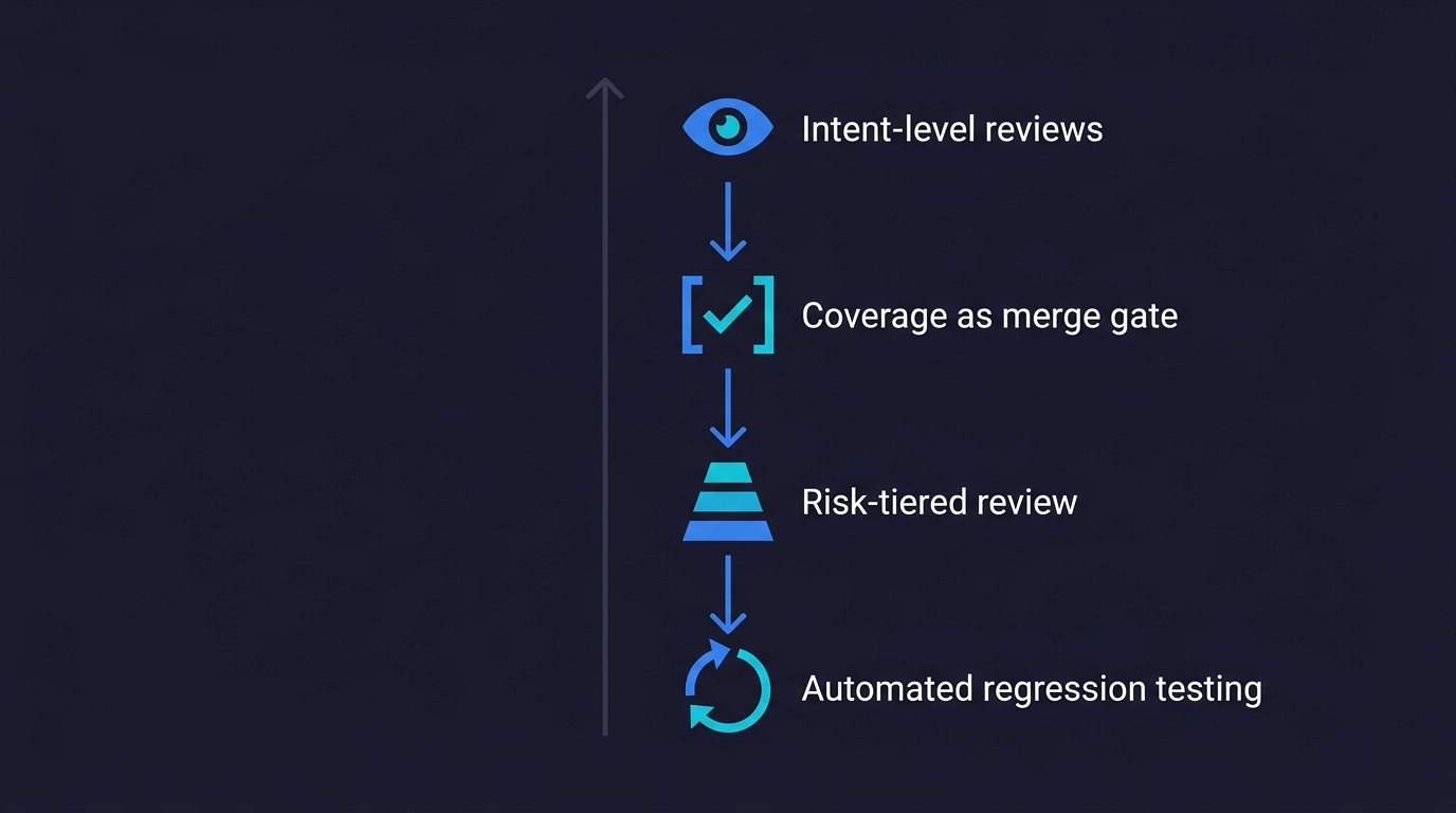 The Quality Ratchet framework showing four governance steps: intent-level reviews, coverage as merge gate, risk-tiered review, and automated regression testing