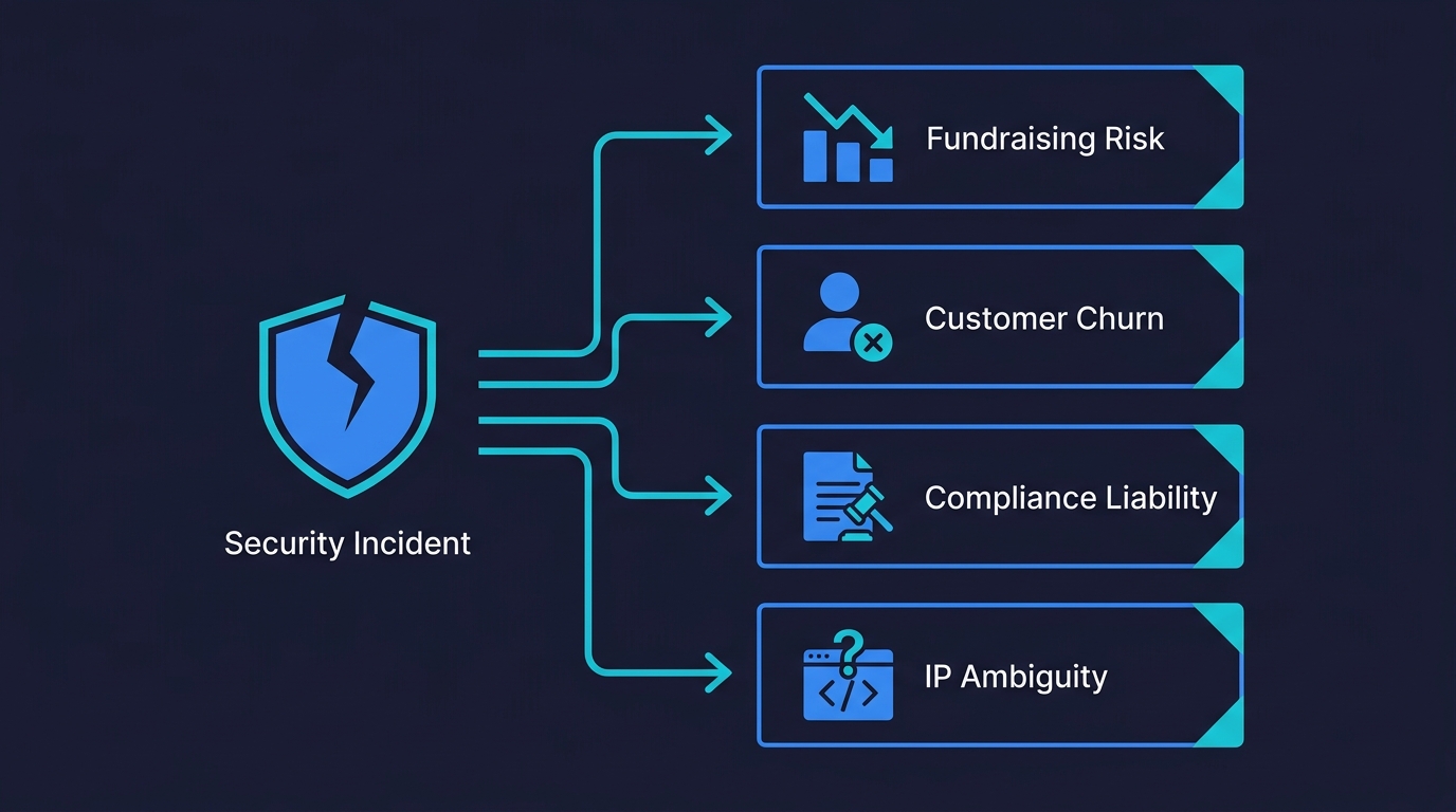 Diagram showing how a security incident cascades into four business consequences: fundraising risk, customer churn, compliance liability, and IP ambiguity