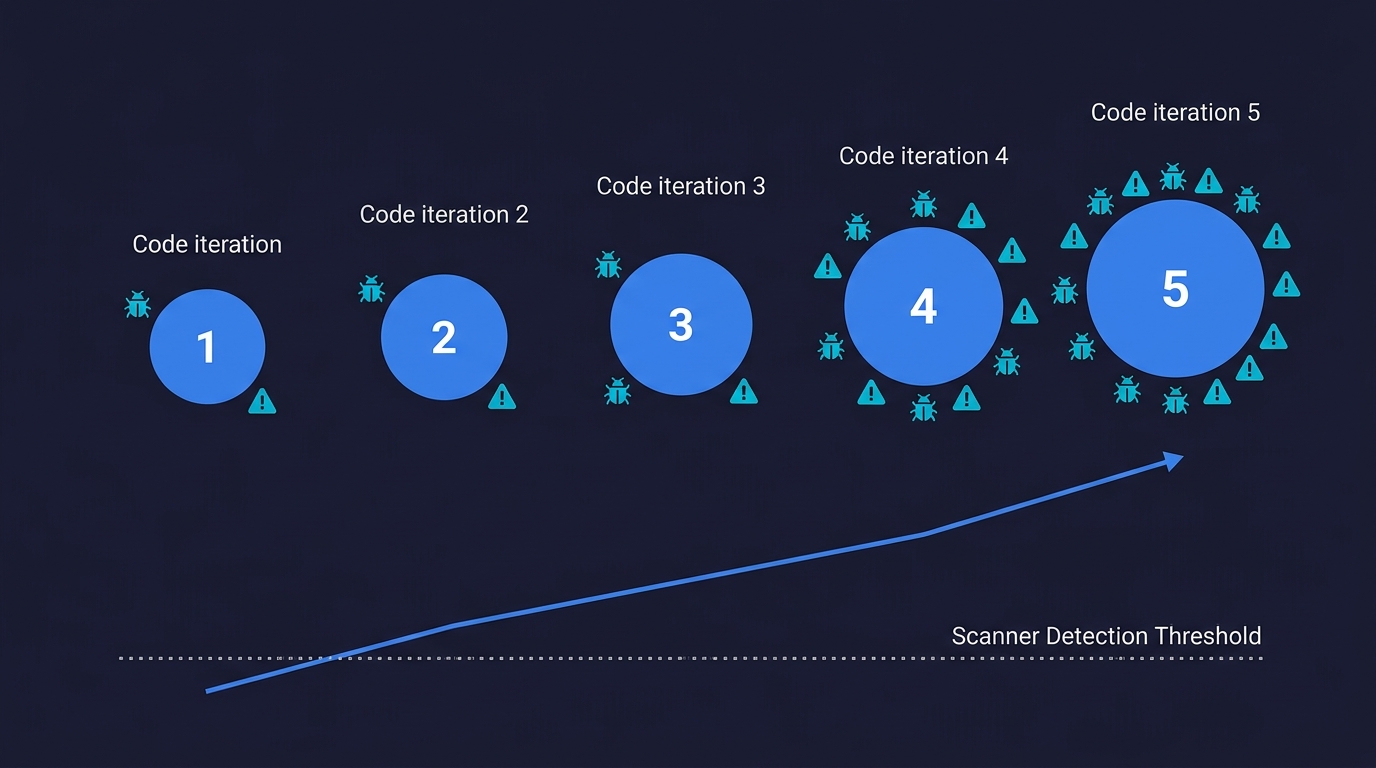 Diagram showing vulnerability compounding across five AI code iterations, with progressively more bugs surrounding each iteration and a scanner detection threshold line showing scanners only catch a fraction