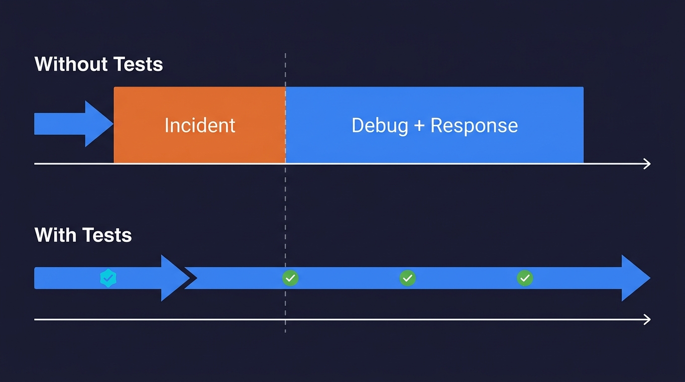 Two parallel timelines comparing development without tests versus with tests, showing that the without-tests path is interrupted by a large incident and debug response block while the with-tests path progresses smoothly with checkpoints