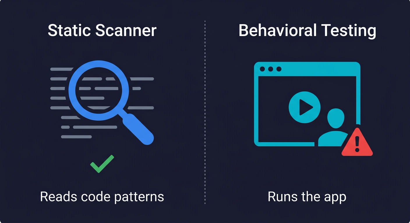 Static security scanner vs behavioral testing for AI code security comparison