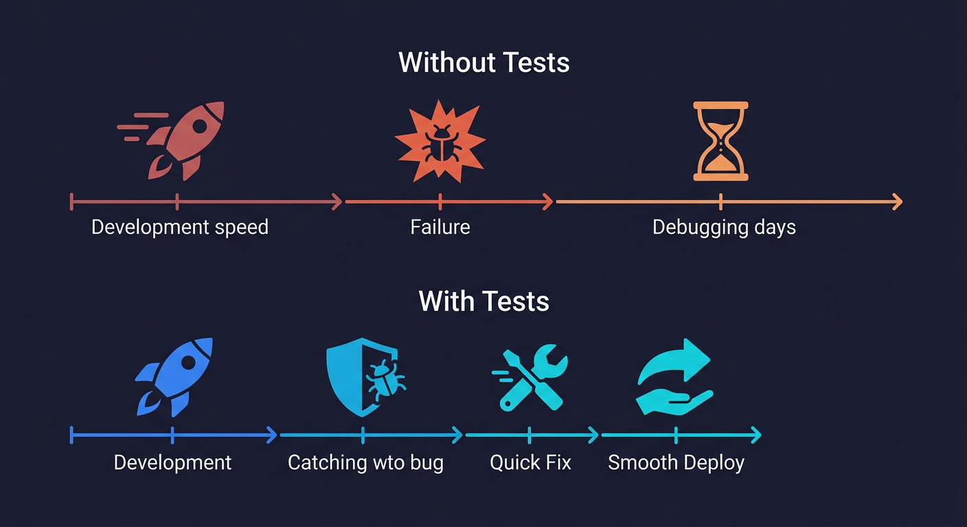 Development timeline comparison showing vibe coding with and without automated testing