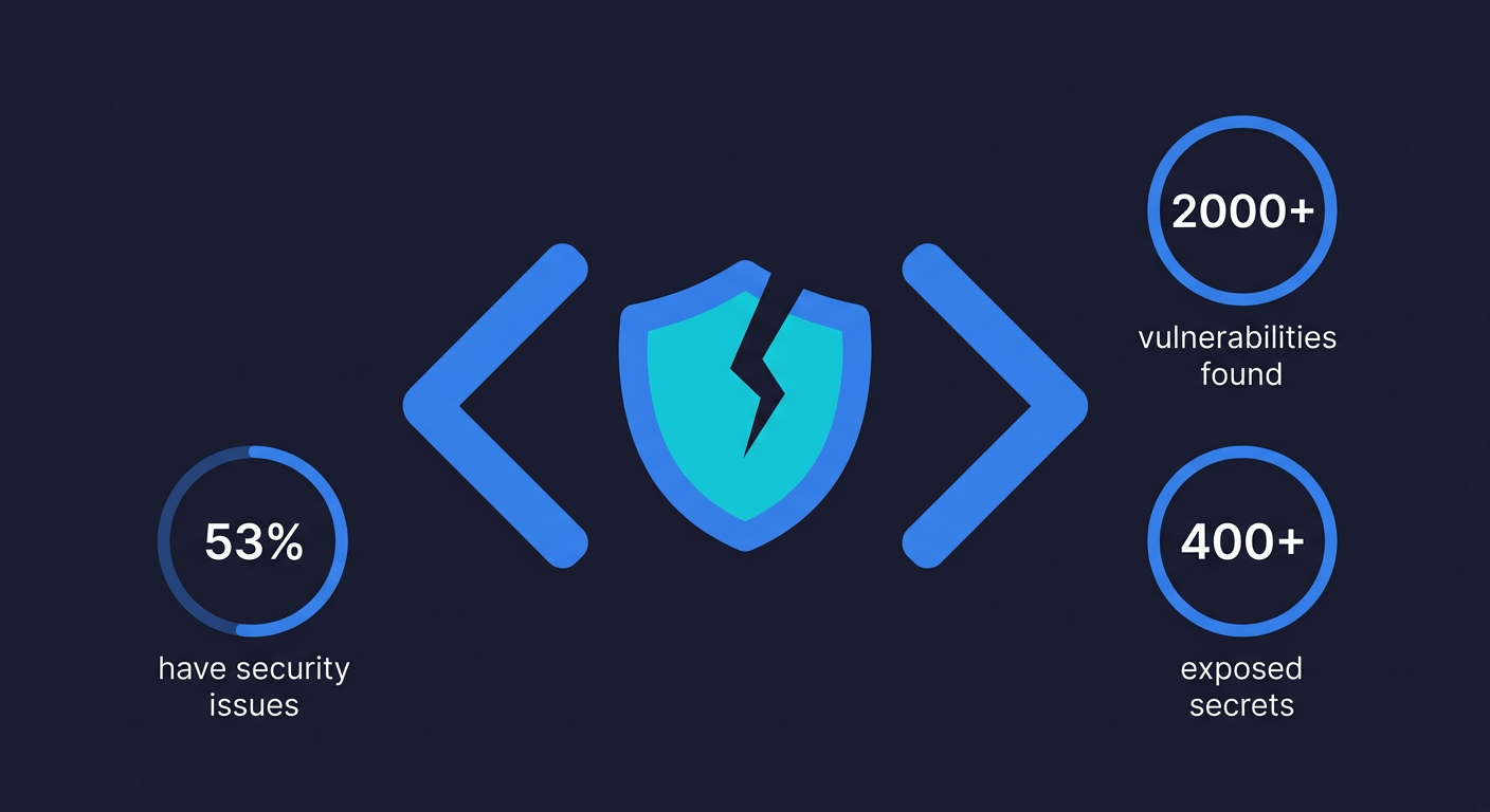 Vibe coding security risks statistics: 53% have security issues, 2000+ vulnerabilities, 400+ exposed secrets in AI-generated code