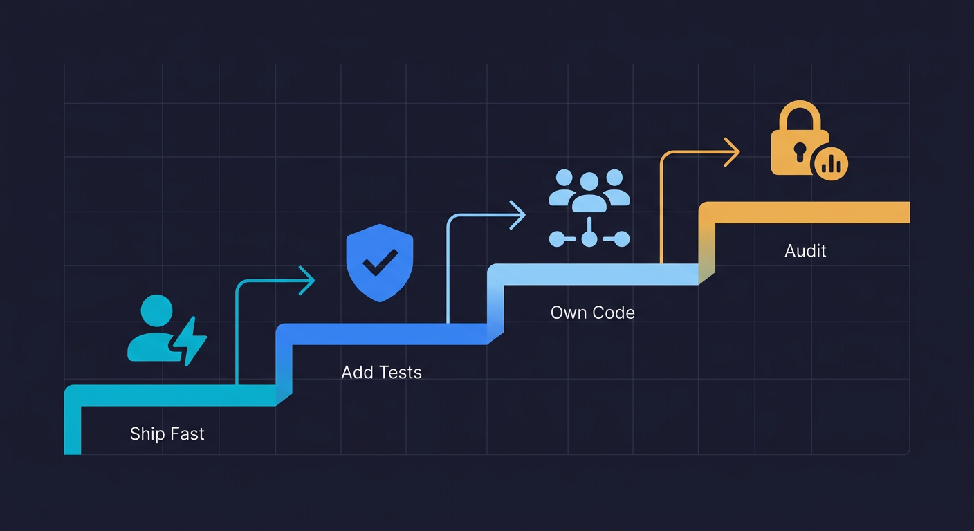 Four-phase staircase diagram showing the vibe coding lifecycle: Ship Fast, Add Tests, Own Code, and Audit, progressing from left to right
