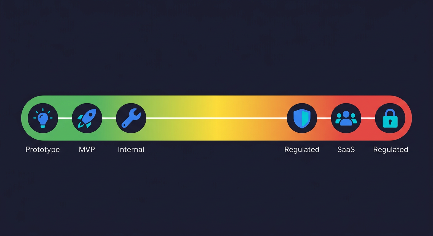 A safety spectrum showing vibe coding risk levels from safe (prototypes, MVPs, internal tools) to unsafe (SaaS, regulated apps) with color-coded gradient
