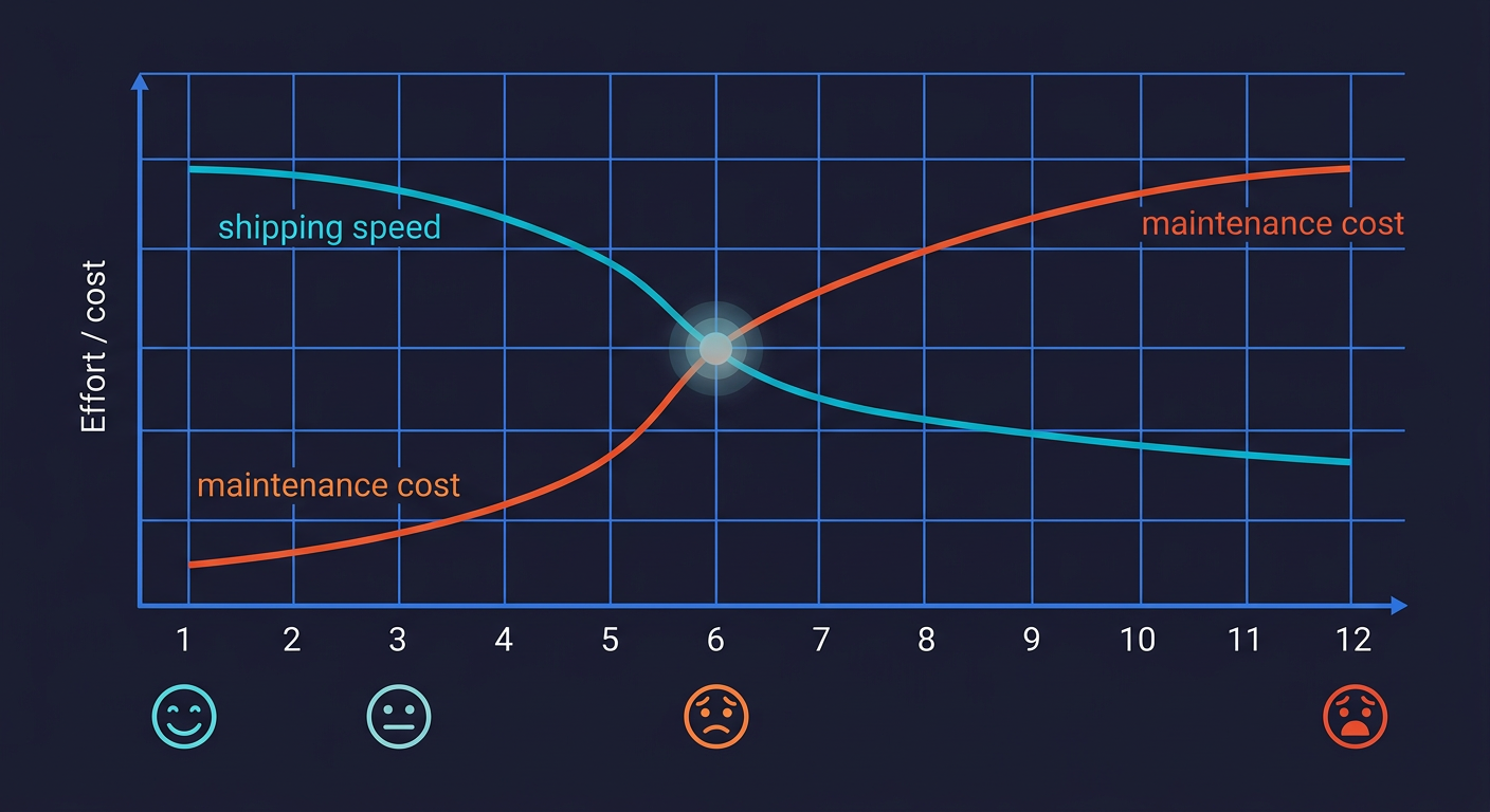 Chart showing shipping speed declining and maintenance cost rising over 12 months, crossing at month 6 where the vibe coding hangover begins