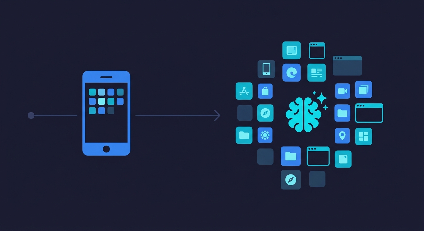 Side-by-side comparison of the 2008 mobile app explosion with a smartphone and small app grid on the left, and the vibe coding era with an AI brain surrounded by a much larger array of apps on the right
