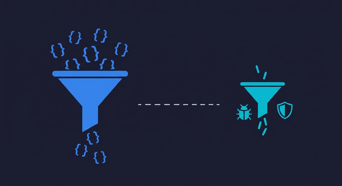 Diagram showing a large funnel of code output vastly exceeding a smaller funnel of testing capacity, illustrating the widening gap between software creation and verification