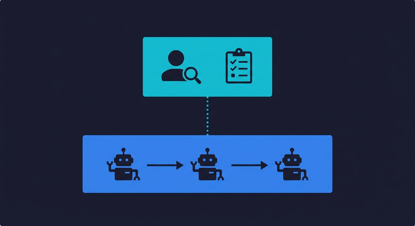 Two-layer testing model diagram showing automated agentic testing agents in a blue band at the bottom connected to a human expertise layer with magnifying glass and checklist in a cyan band at the top