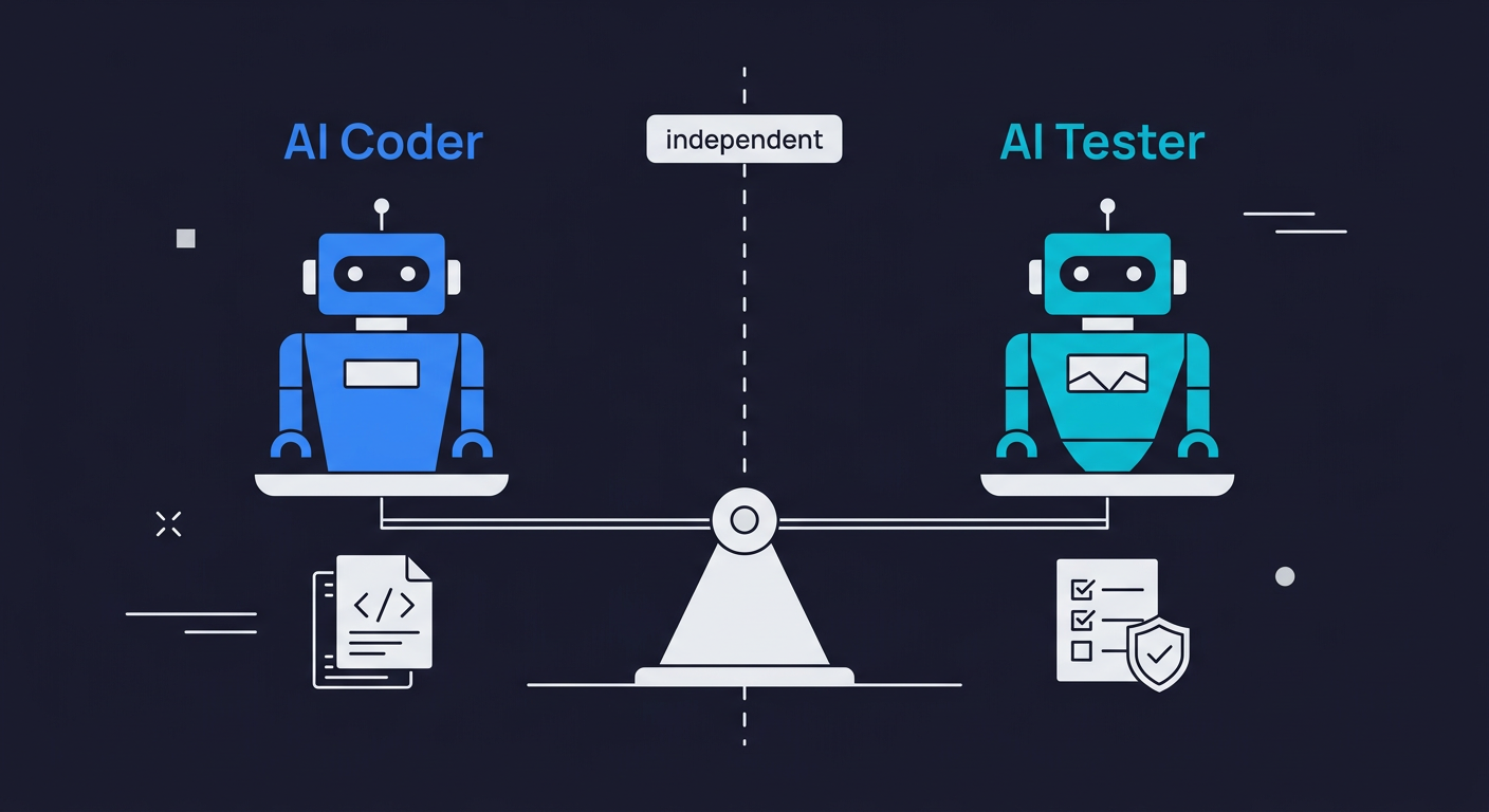 Balanced scale showing an independent AI Coder on the left and an AI Tester on the right, illustrating the AI-to-AI symmetry principle where testing velocity matches coding velocity
