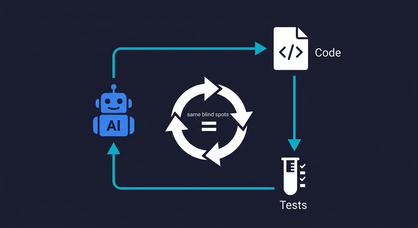 Diagram showing the circularity problem: the same AI generates both code and tests, creating a closed loop where shared blind spots go undetected