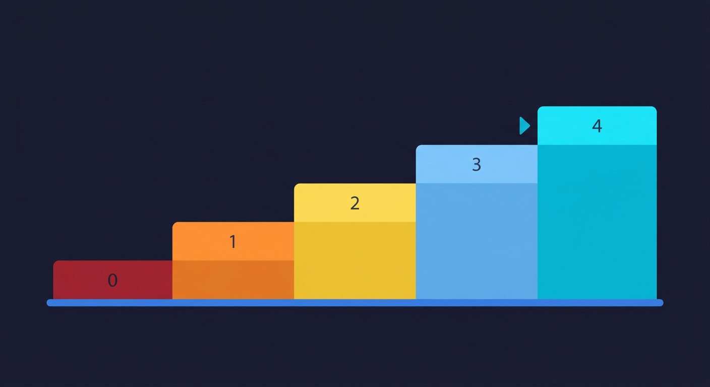 Ascending staircase chart showing the Testing Void Severity Scale from Level 0 (no tests) to Level 4 (independent AI testing agent), with color progression from red to cyan