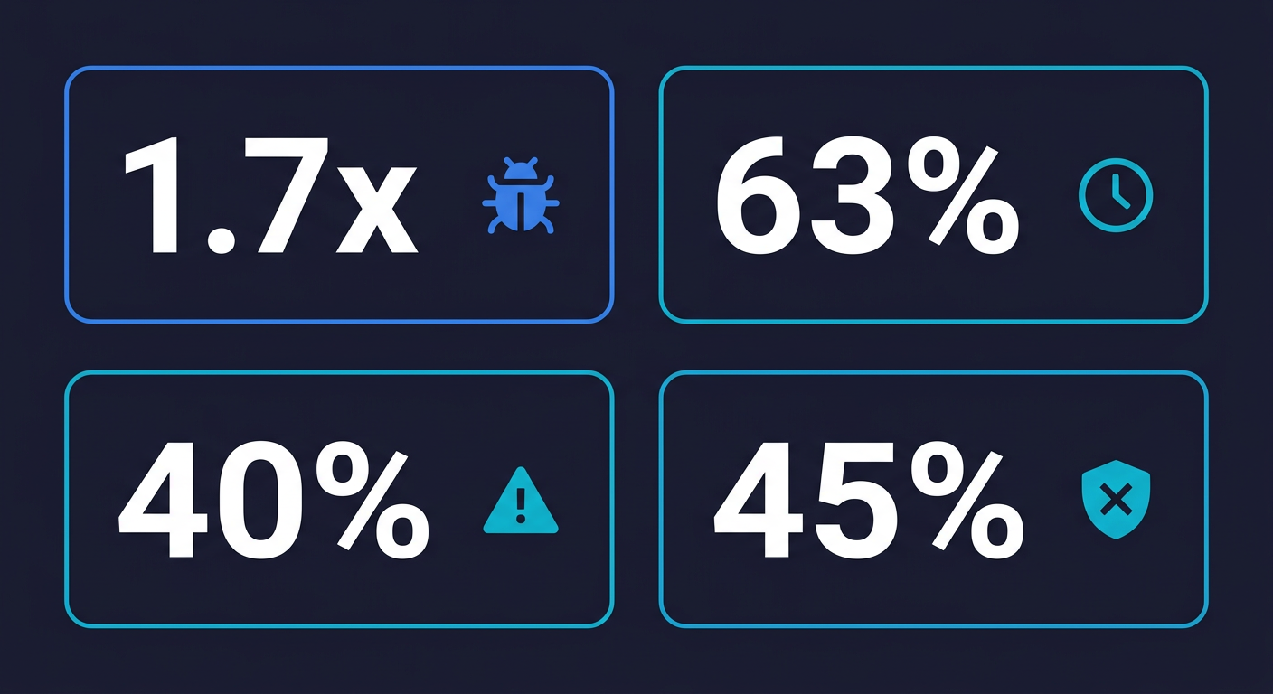 Key statistics showing the scope of the vibe coding testing gap: 1.7x more major issues, 63% more debugging time, 40% deploy without understanding, 45% fail security tests