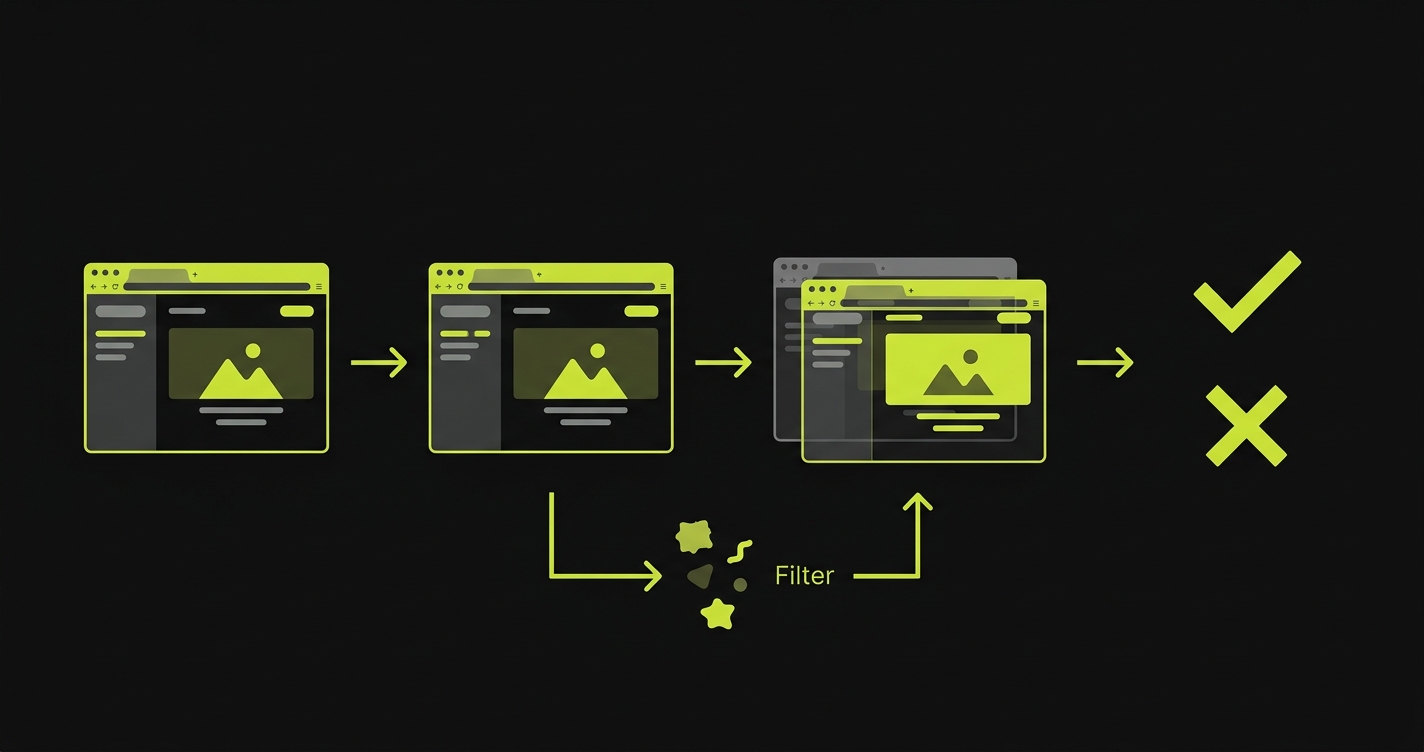 Diagram showing the visual regression testing workflow from baseline capture through comparison to pass or fail result