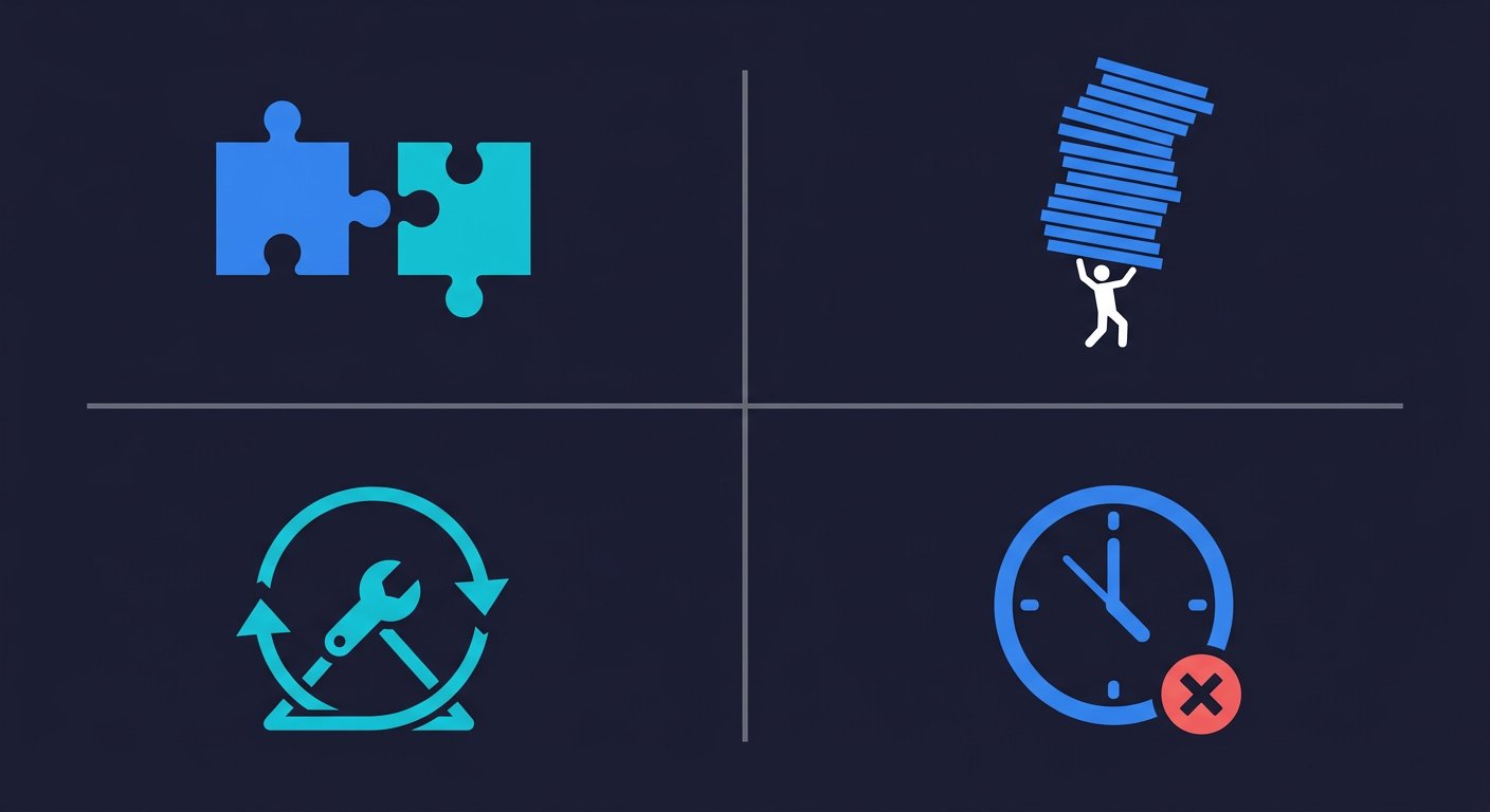 Four common failure modes when hiring a first QA engineer: skills mismatch, scope overload, maintenance treadmill, and wrong timing