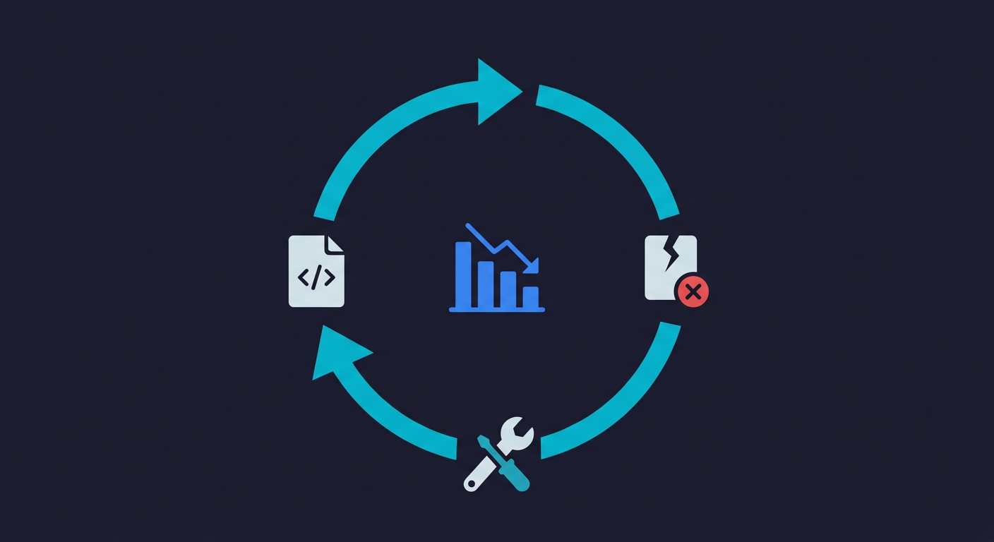 Cycle diagram showing the test maintenance treadmill: write tests, tests break, fix tests, coverage stagnates