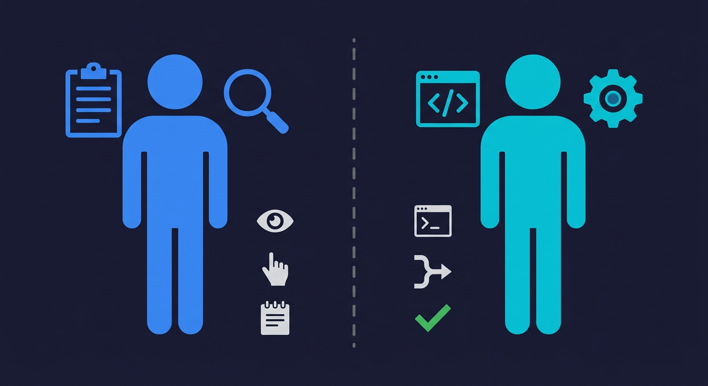 Side-by-side comparison of manual QA tester versus QA automation engineer skill sets